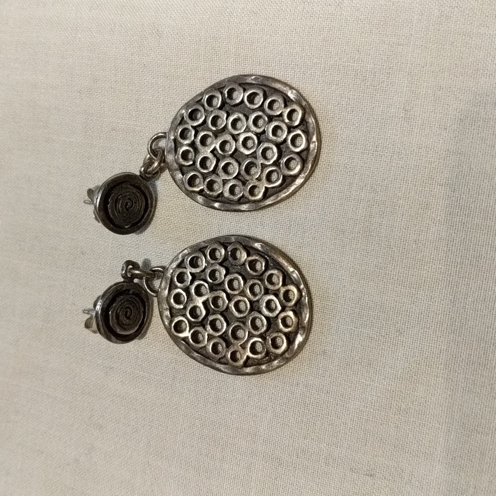 Earrings Silver Metal Cutouts Oval Stamped